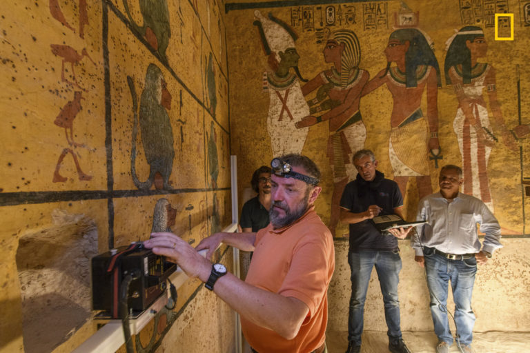 picture of the search for voids behind the west wall of King Tutankhamun’s tomb