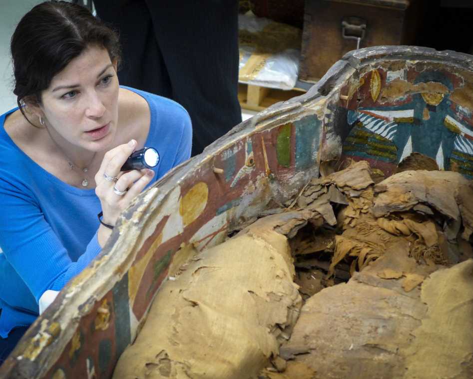 Photo of Dr. Kara Cooney investigates coffins at the National Museums Scotland in Edinburgh